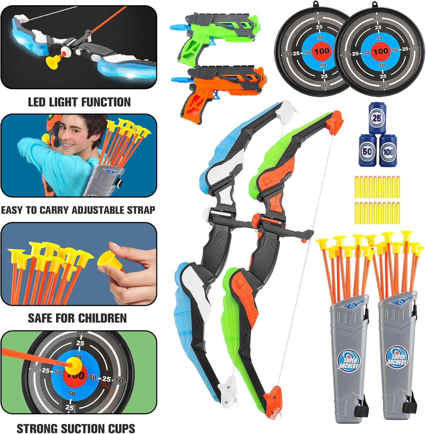 LED Light Up Archery Toy Bow & Arrow s/Suction Cup Arrows Toys Blue, Green & 2 Dart Shooters