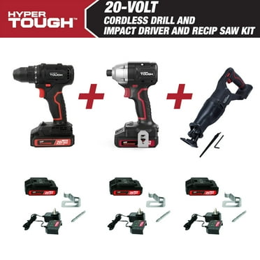 Hyper Tough 20V Cordless 3/8” Drill, 1/4” Impact Driver & Reciprocating Saw Bundle, (3) 1.5Ah Lithium-Ion Batteries & (3) Chargers