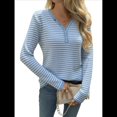 thumbnail image 1 of Camisa de Punto A Rayas de Larga con Cuello en V para Mujer, Estilo Túnica Informal, Holgada y Elegante, para Otoño. Azul M, 1 of 10