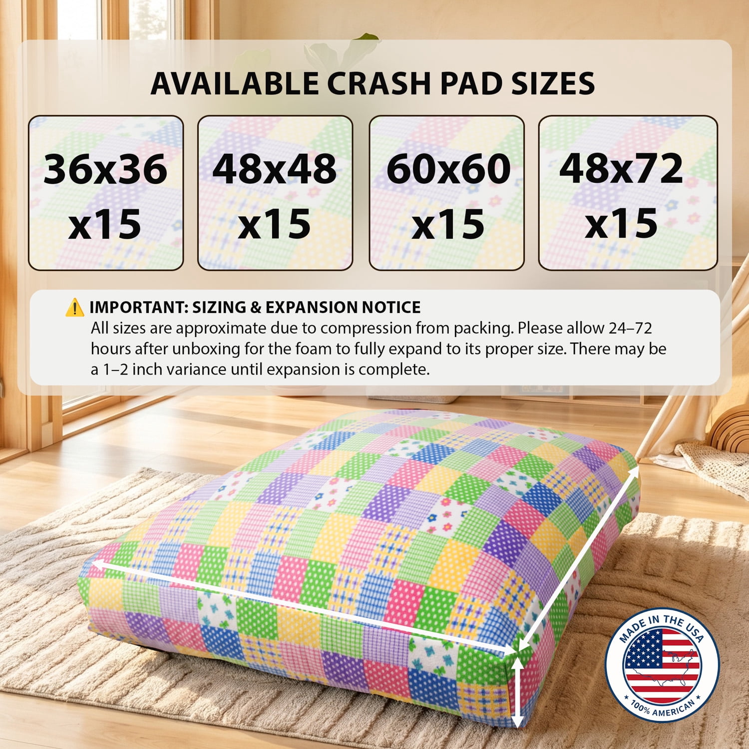 48" x 48" Sensory Crash Pad for Kids & Adults, Soft Fleece Landing Mat with Foam Blocks, Non-Slip Base, Removable Washable Cover for Jumping, Playing and Relaxing