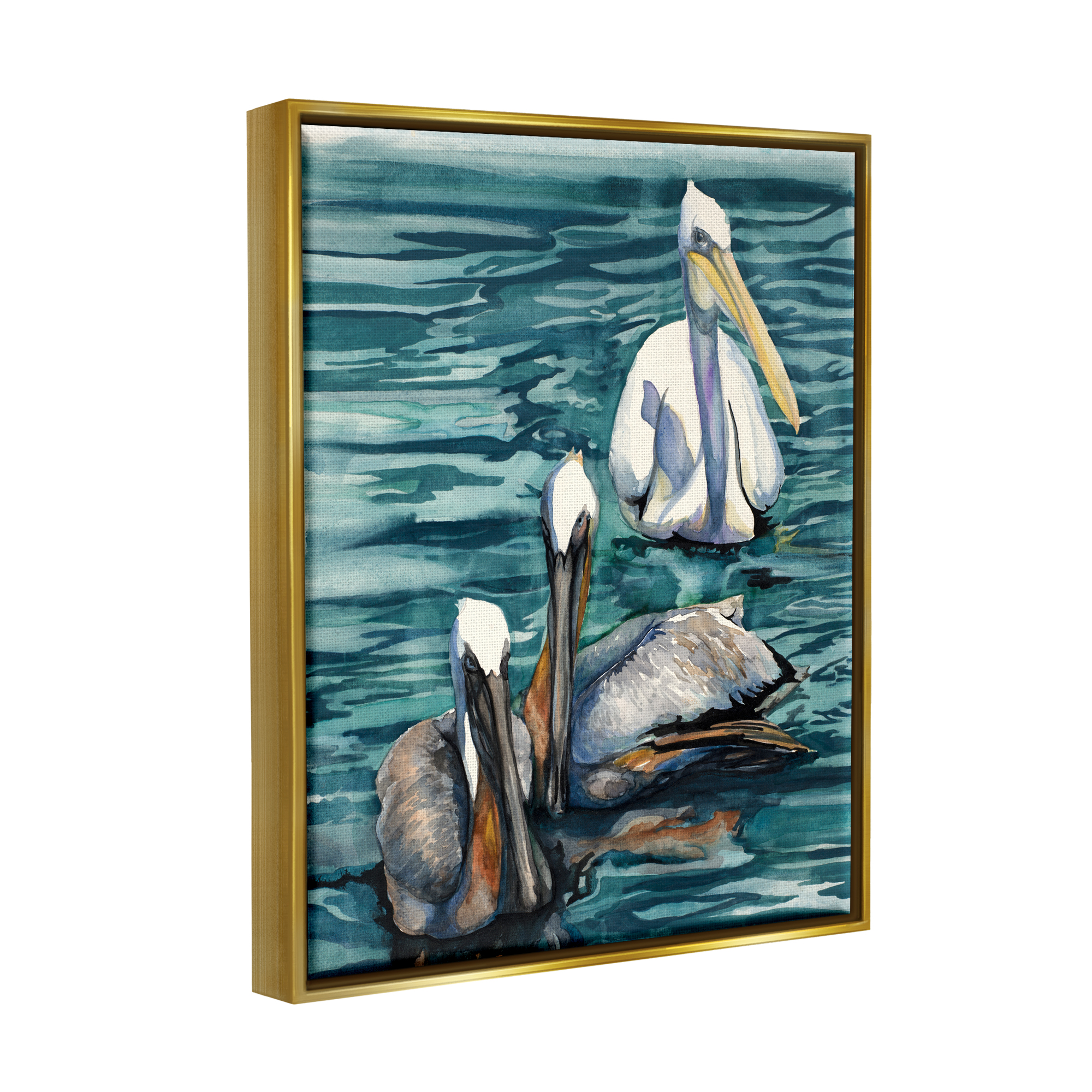 Stupell Industries Pelicans at Sea Painting Animals & Insects Painting Gold Floater Framed Art Print Wall Art, 17 x 21