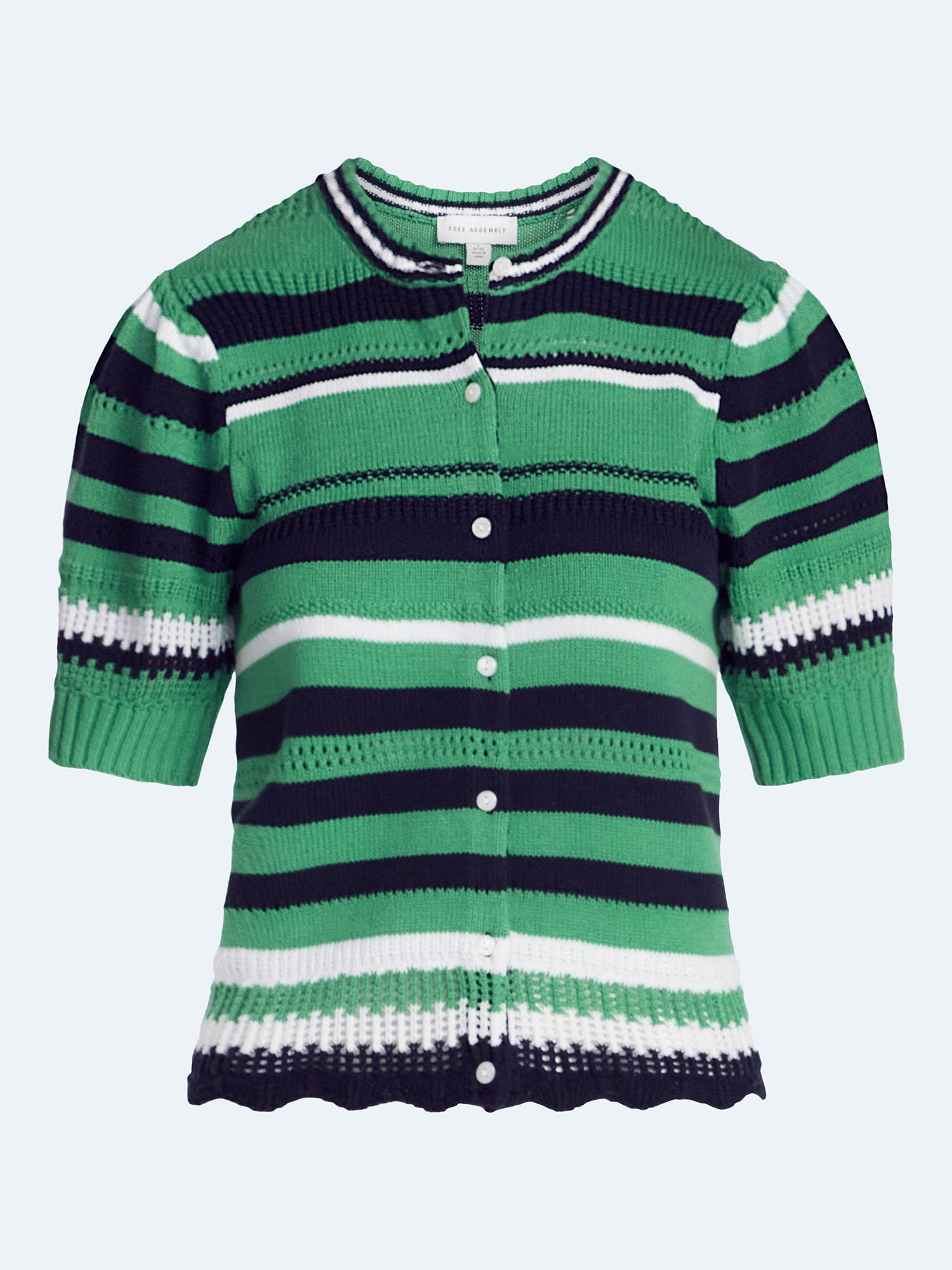 Free Assembly Women's Textured Stripe Cardigan Sweater with Short Puff Sleeves, Lightweight, Sizes XS-XXL