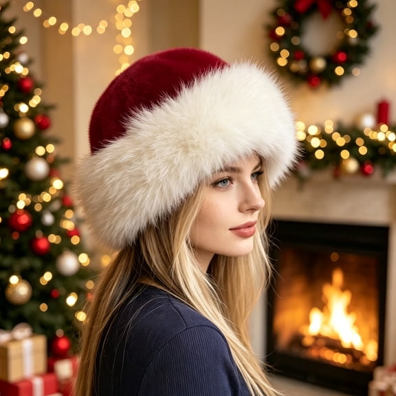 Bexdxz Women’s Christmas Faux Fur Trim Bucket Hat, Warm Fluffy Fuzzy Winter Hat, Festive Holiday Party Cap for Cold Weather Wear Deep Red