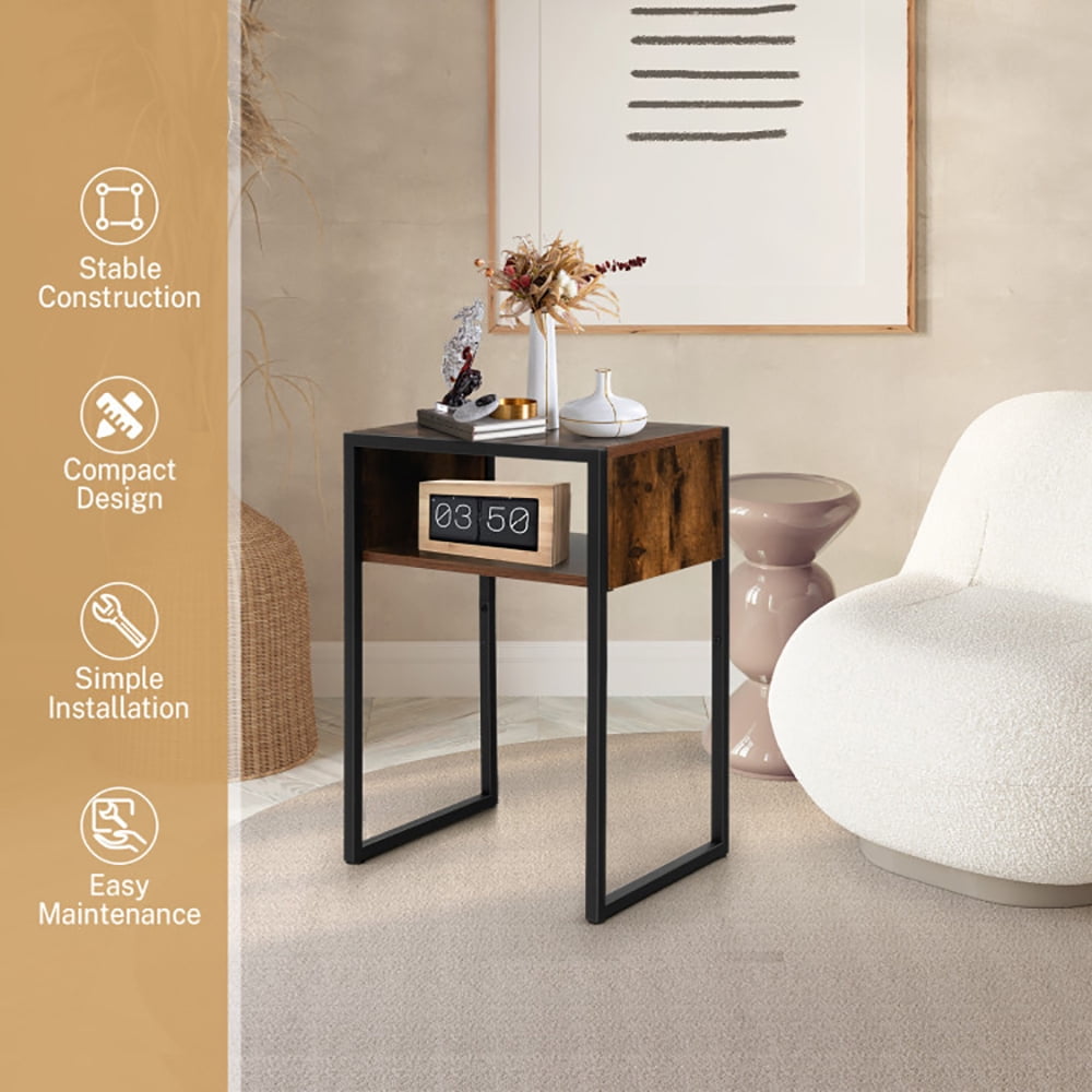 Finihen End Side Table, Rectangular Nightstand, Industrial Side Table with Anti-Rust Steel Frame and Open Storage, for Living Room, Bedroom, Brown Finihen End Side Table, Rectangular Nightstand, Industrial Side Table with Anti-Rust Steel Frame and Open Storage, for Living Room, Bedroom, Brown
