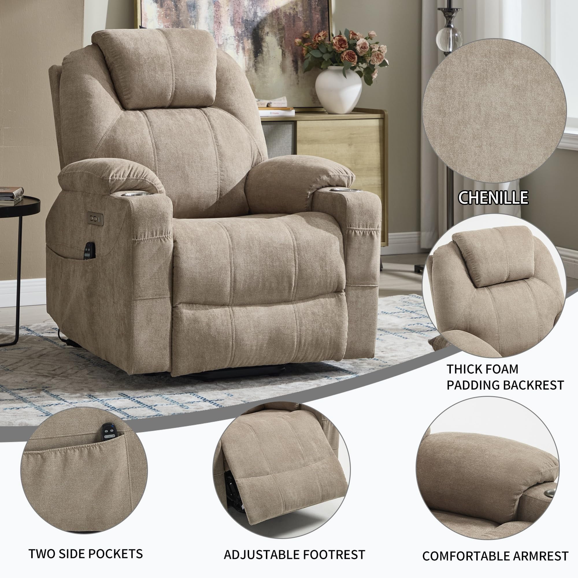 Power Lift Recliner Chair, Electric Lift Recliner for Elderly Reclining Chair with Vibration Massage and Lumbar Heating, Single Sofa with Charging Ports Cup Holders