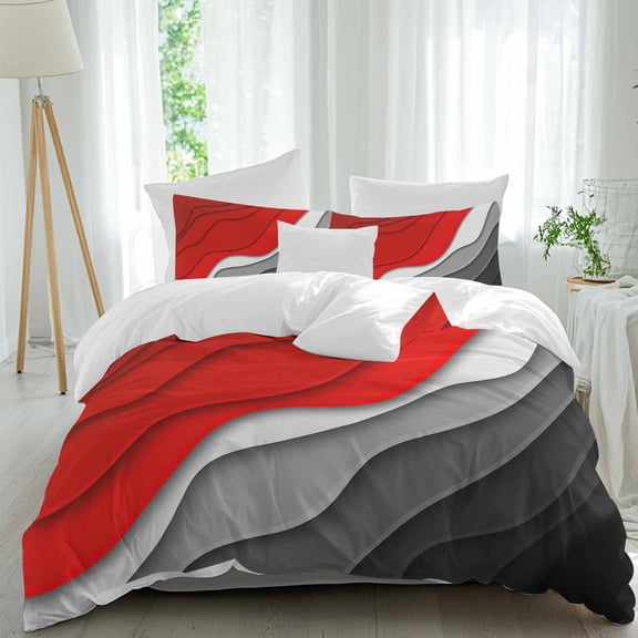 3 Piece Red Black Ombre Duvet Cover Set Queen Size,Microfiber Comforter/Quilt Cover with Corner Ties and 2 Pillowcases,Modern Geometric Abstract Aesthetics Cream Soft Bedding with Zipper Closure