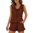 thumbnail image 2 of Womens 2 Piece Pajamas Set Ruffle Sleeveless V Neck Lace-up Tank Top & Shorts with Pockets Summer Loungewear (XL, Brown), 2 of 6