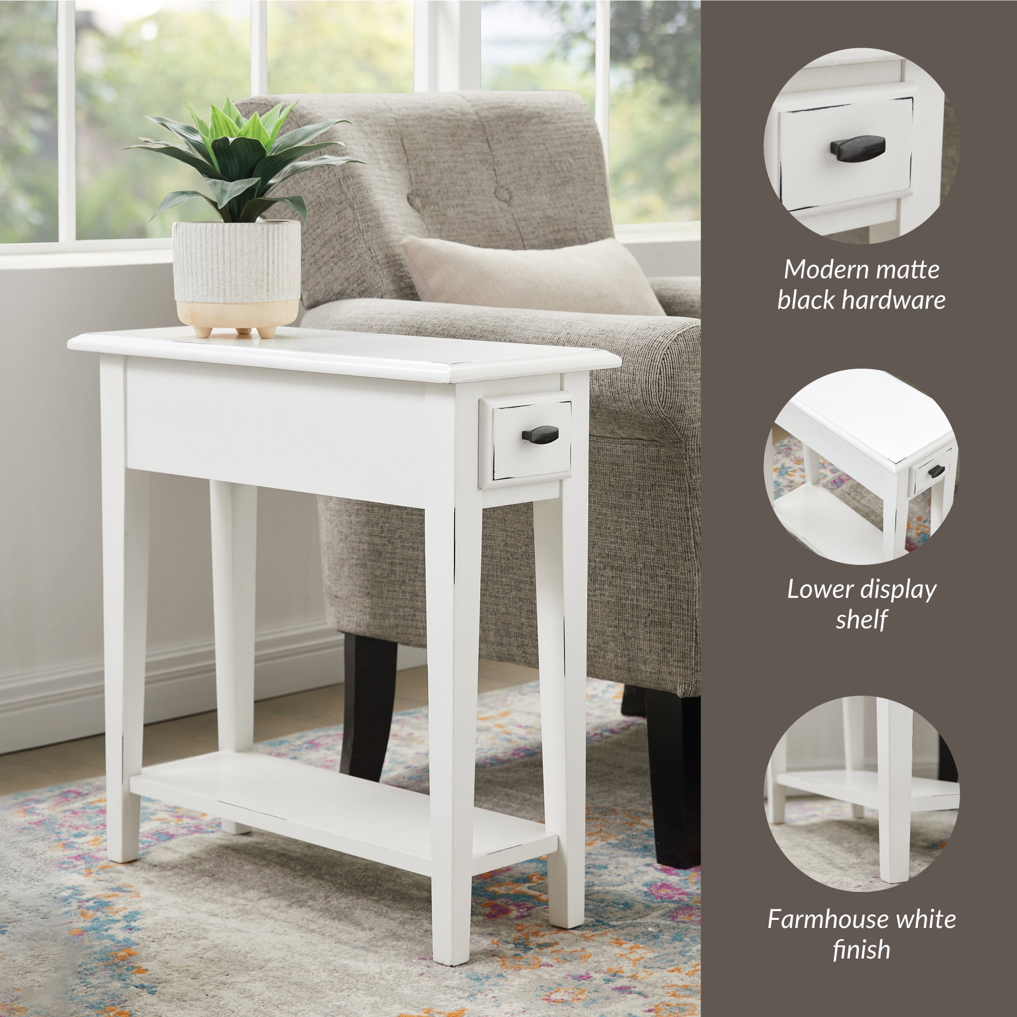 Leick Home Haven Ridge Narrow 1-Drawer End Table with Shelf, Farmhouse White