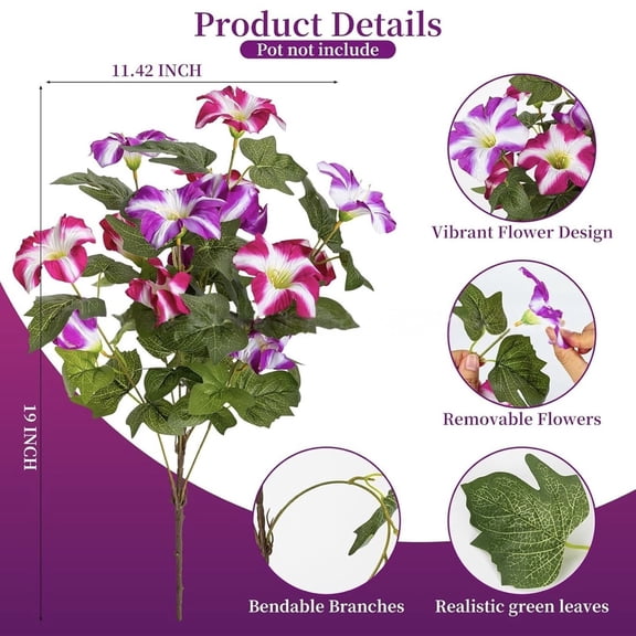 Souew 7 Pronged Artificial Morning Glory Flowers Realistic Faux Floral Stems for Indoor Outdoor Living Room Garden Porch Home Decor - Purple & Magenta Edge