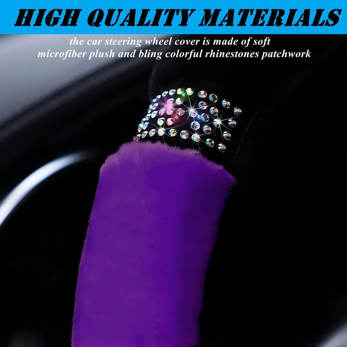 Fluffy Steering Wheel Cover, Universal 15 Inch Colorful Rhinestones Car Steering Wheel Cover, Sparkly Diamond Steering Wheel Protector for Women Girls,Purple