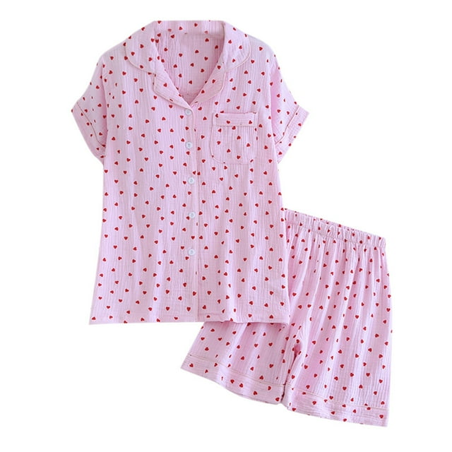 HNMKIU Ensemble de Pyjama pour Femmes Été Imprimé Fin Doux Col à Revers Manches Courtes Shorts Vêtements de Maison