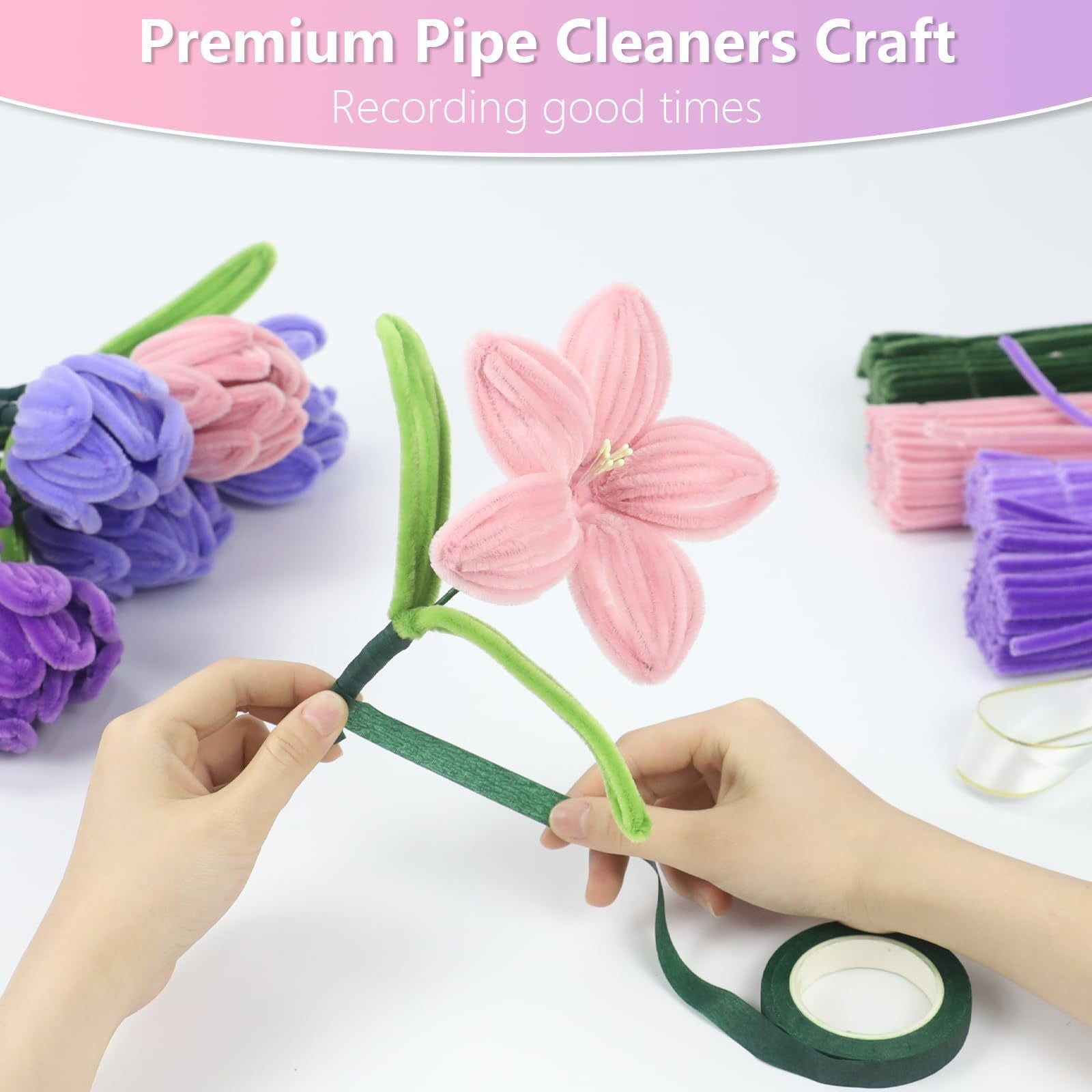 Pipe Cleaners Craft Set, 100/400 Pcs Chenille Stems with Floral DIY Accessories, Multicolor Flexible Craft Stems for Art Crafts & Decorations