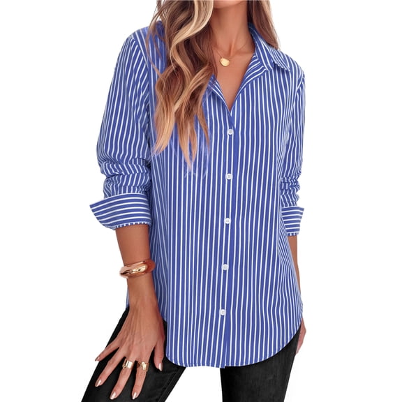 Fantaslook Striped Button Down Shirts for Women Classic Long Sleeve Collared Office Work Blouses Tops