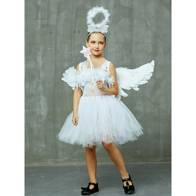 Inevnen Girls Angel Costume Deluxe Tutu Dress with Wings Wand Halo