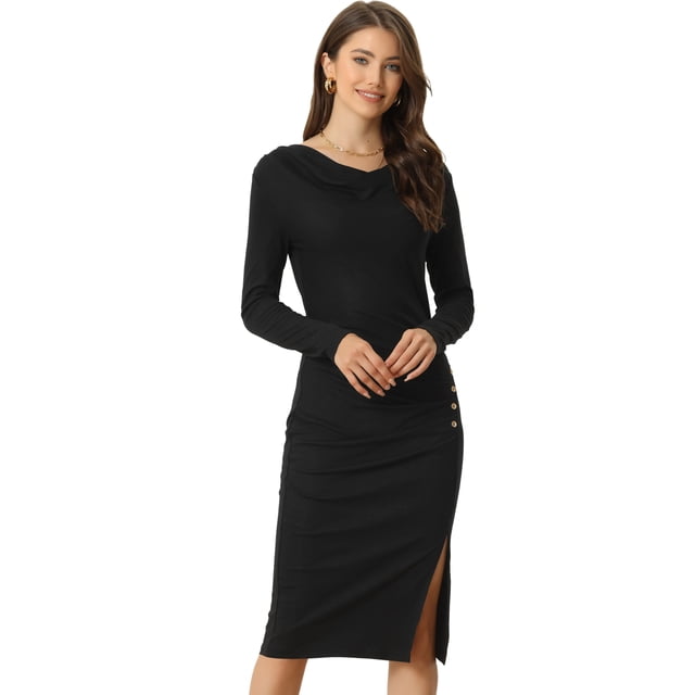Vestido Elegante para Mujer con Diseño de Fruncidos y Decoración de Botones Vestido Largo con Dobladillo Dividido Negro L