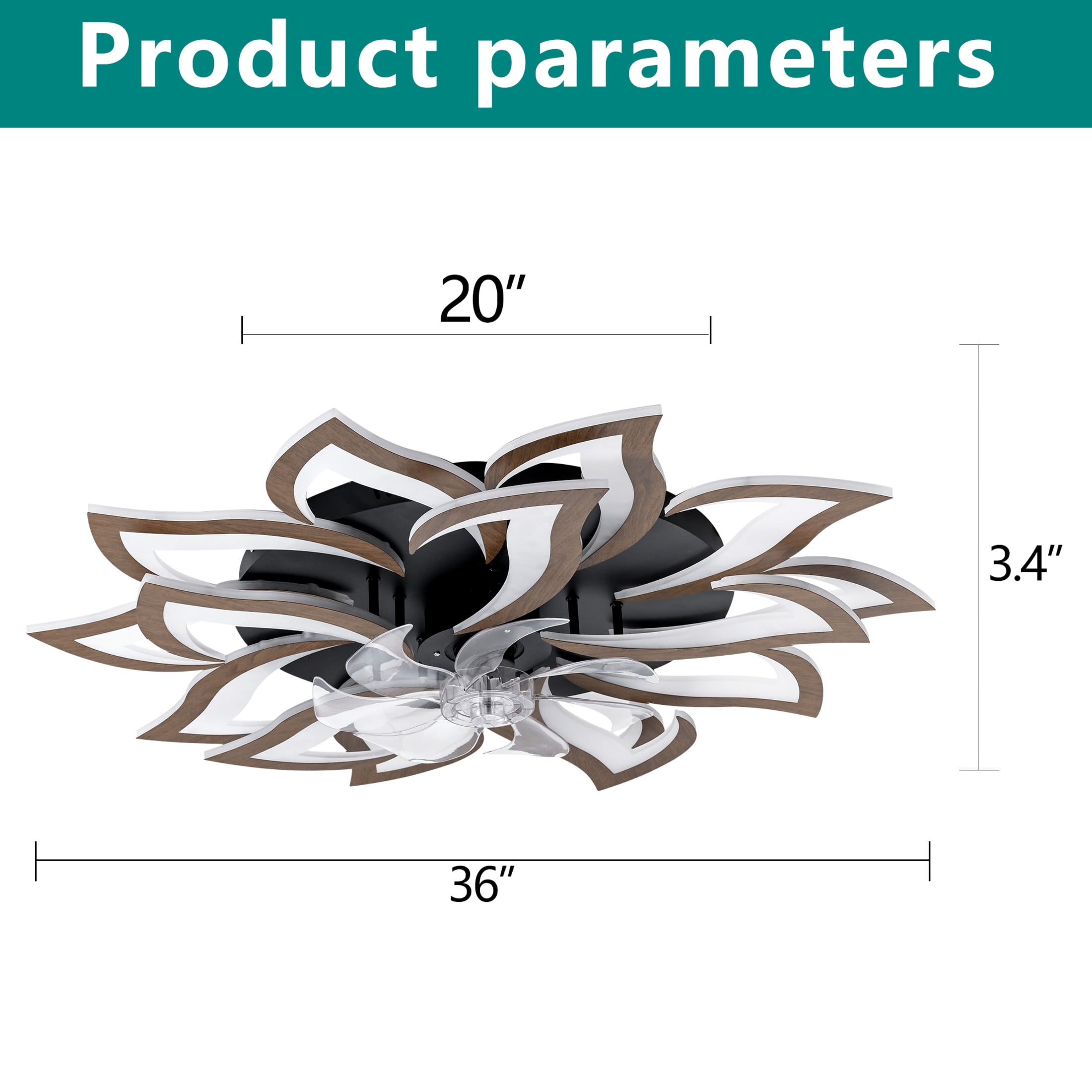 GDF Studio 15-Head Flower Modern Ceiling Fan with LED Lights & Remote Control, Low Profile Flush Mount Fandelier, Wood