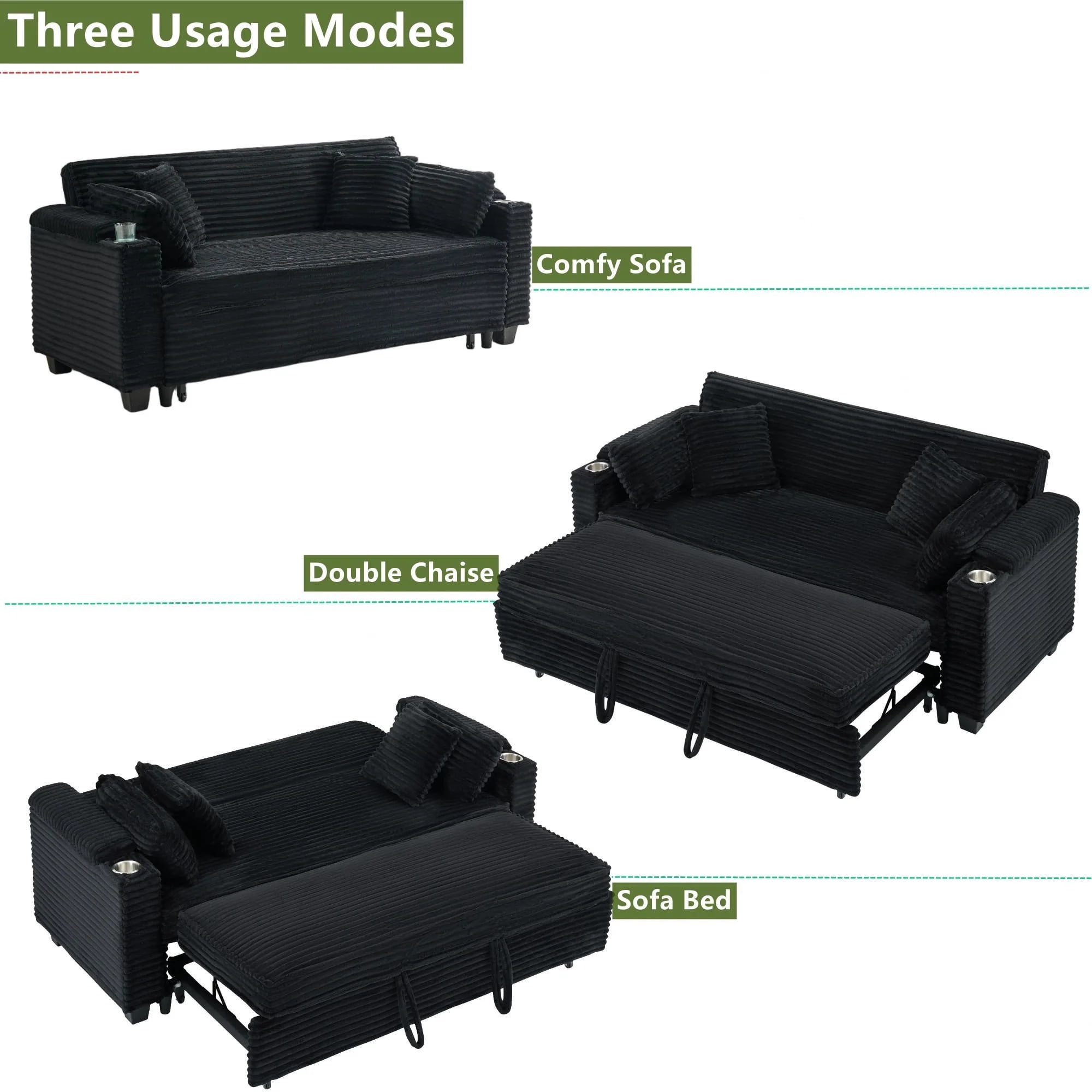 Aukfa 80" Comfy 3 Seat Sofa Convertible Sleeper Sofa Bed with Storage Armrest& Cup Holders for Living Room, 4 Pillows, Corduroy, Black