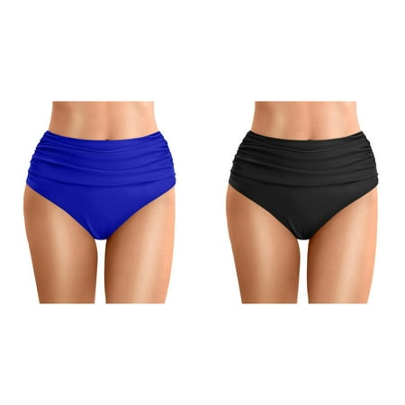 2 Pack(Blue & Black) Women Plus Size High Front Tie Skirt Set Waist Bikini Bottoms Swim Briefs Beach Shorts Ruched Bottom High Cut Swim Bottom Full Coverage Swi