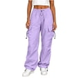 thumbnail image 3 of Hilzaten Womens Baggy Straight Leg Cargo Pants Solid Pockets Drawstring Loose Casual Sport Outdoor Elastic Waist Pants for Women, 3 of 7