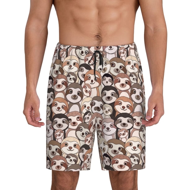 Balery Brown Sloth Pantalones cortos de pijama de punto de algodón para hombre con cinturilla y bolsillos-3X-Large