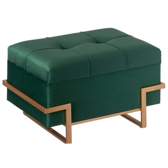Green Small Rectangle Velvet Storage Ottoman Stool Box with Abstract Golden Legs, Decorative Sitting Bench