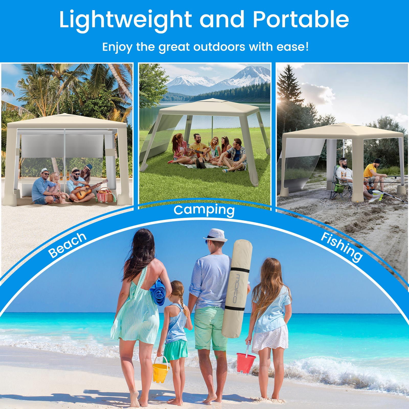 MoKo 8'x 8' Beach Cabana Tent, UPF 50+ Portable Beach Canopy Shelter with 4 Sand Pockets, Khaki