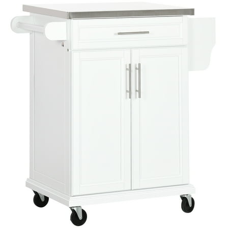 HOMCOM Kitchen Island on Wheels, Rolling Kitchen Cart with Stainless Steel Countertop, Drawer, Towel Rack and Spice Rack, Utility Storage Trolley, White