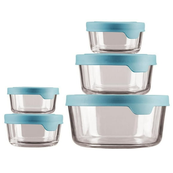 Ensemble de 10 contenants pour conservation d’aliments en verre ronds, avec couvercles TruSeal de couleur bleu minéral, Anchor Hocking