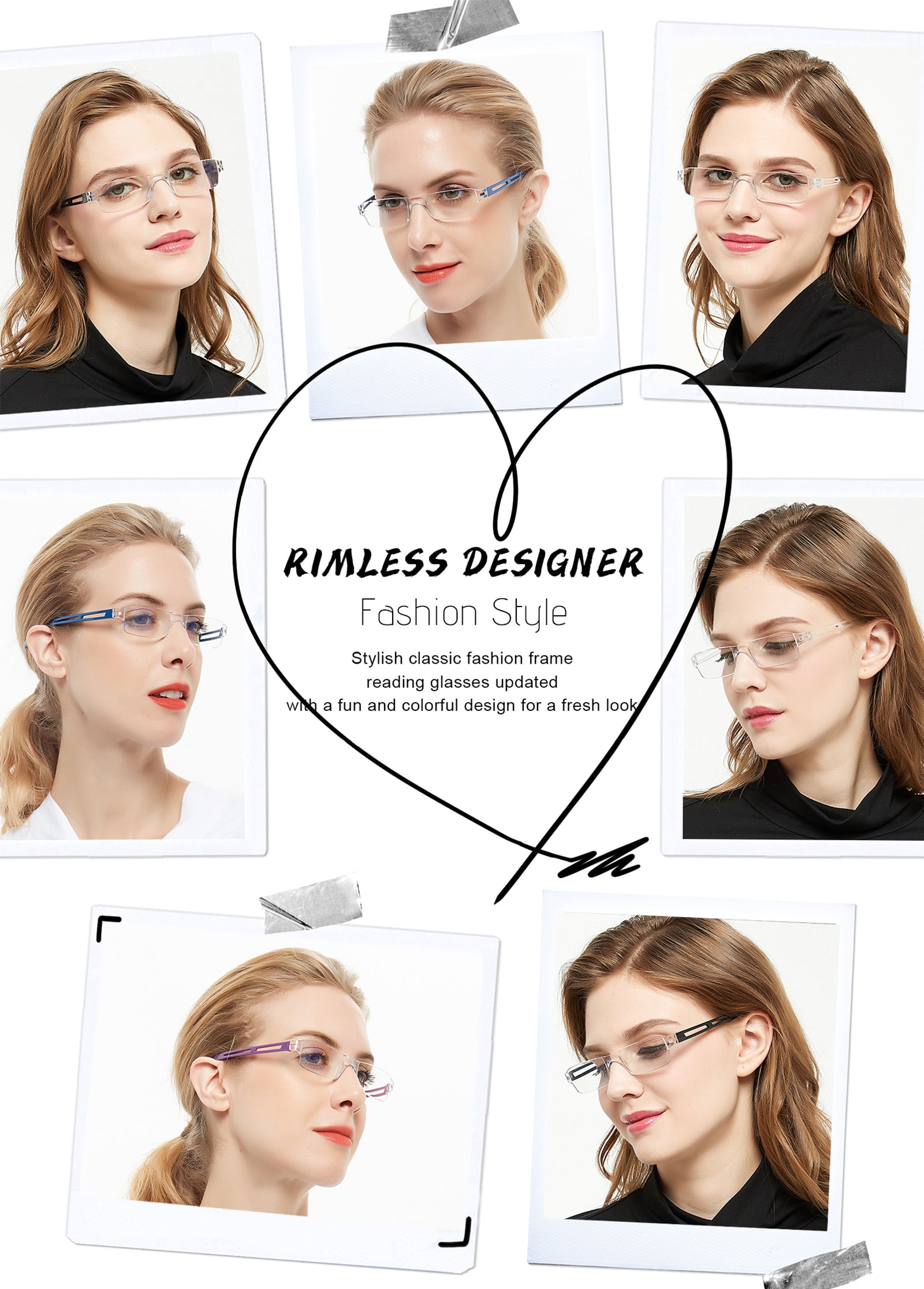 WEMOOTANTS 4 Pairs Frameless Reading Glasses Women Men Rectangle Blue Light Blocking Readers 2.0 (Black+Blue+Clear+Purple)