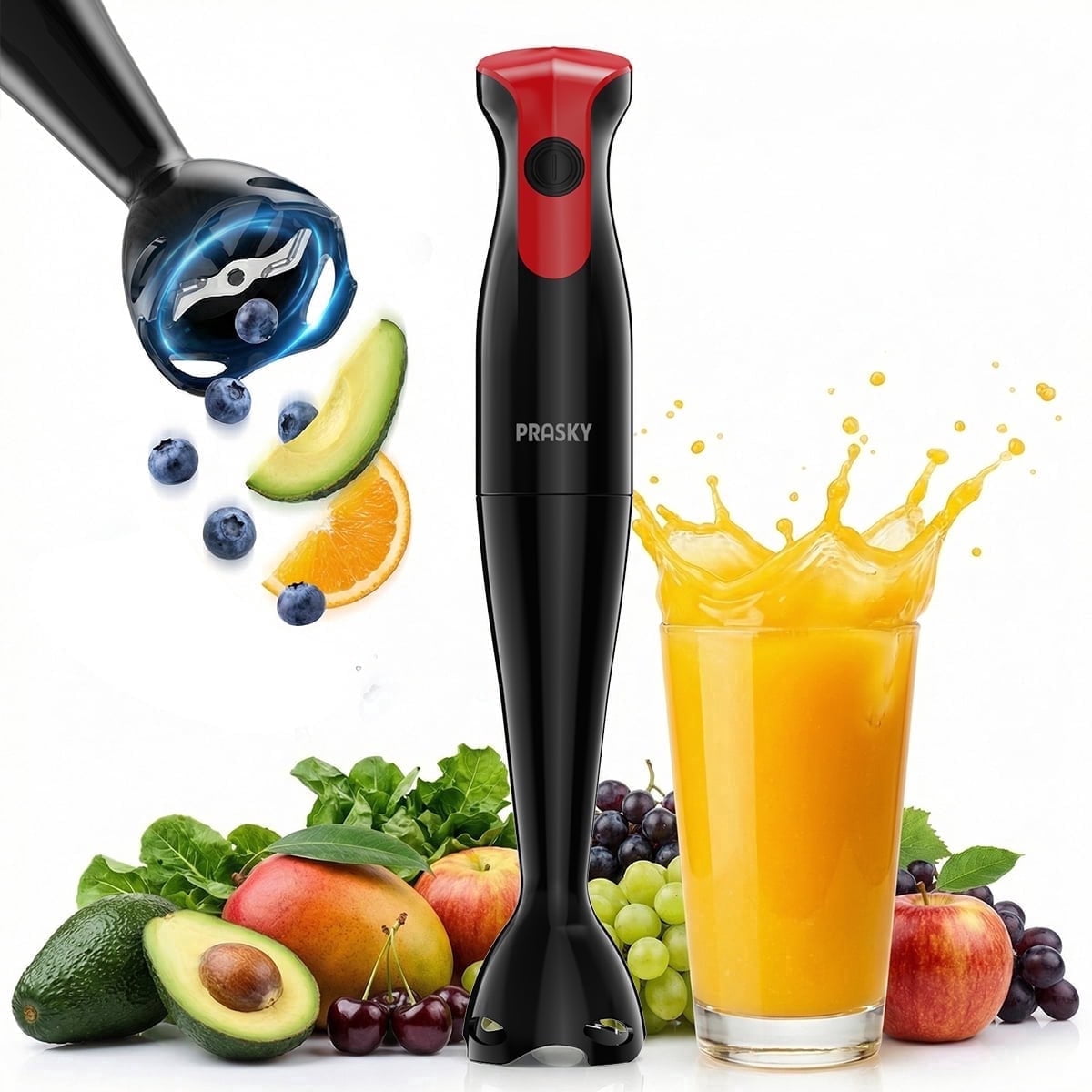 PRASKY Immersion Blender, Hand Blender for Smoothies, Food Processor, Stick Blender for Kitchen (Black)
