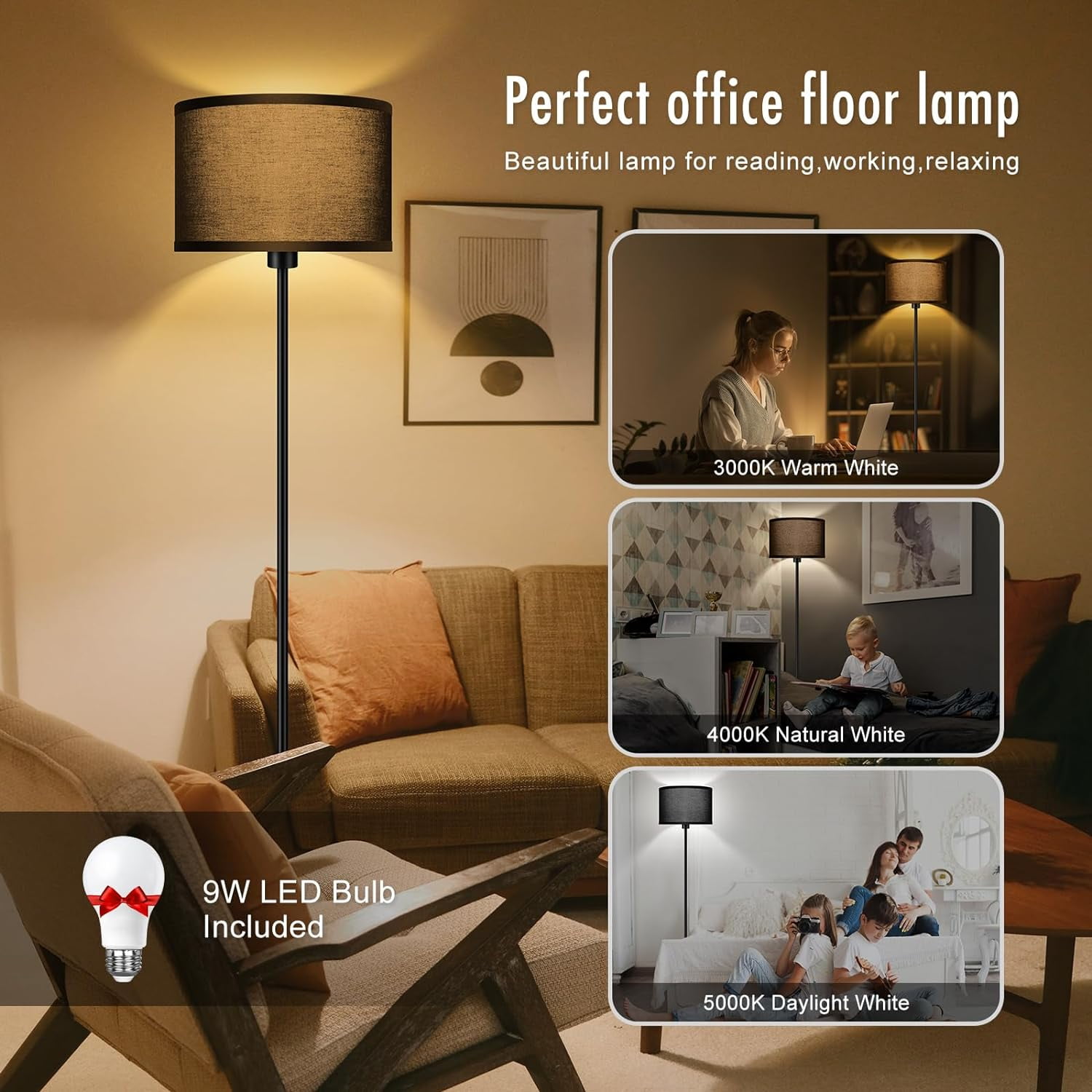Susuzi Modern Floor Lamp Simple Design, 60" Tall Lamps for Living Room Bedroom Office Dining Room Kitchen, Black Pole Lamp With Bulb