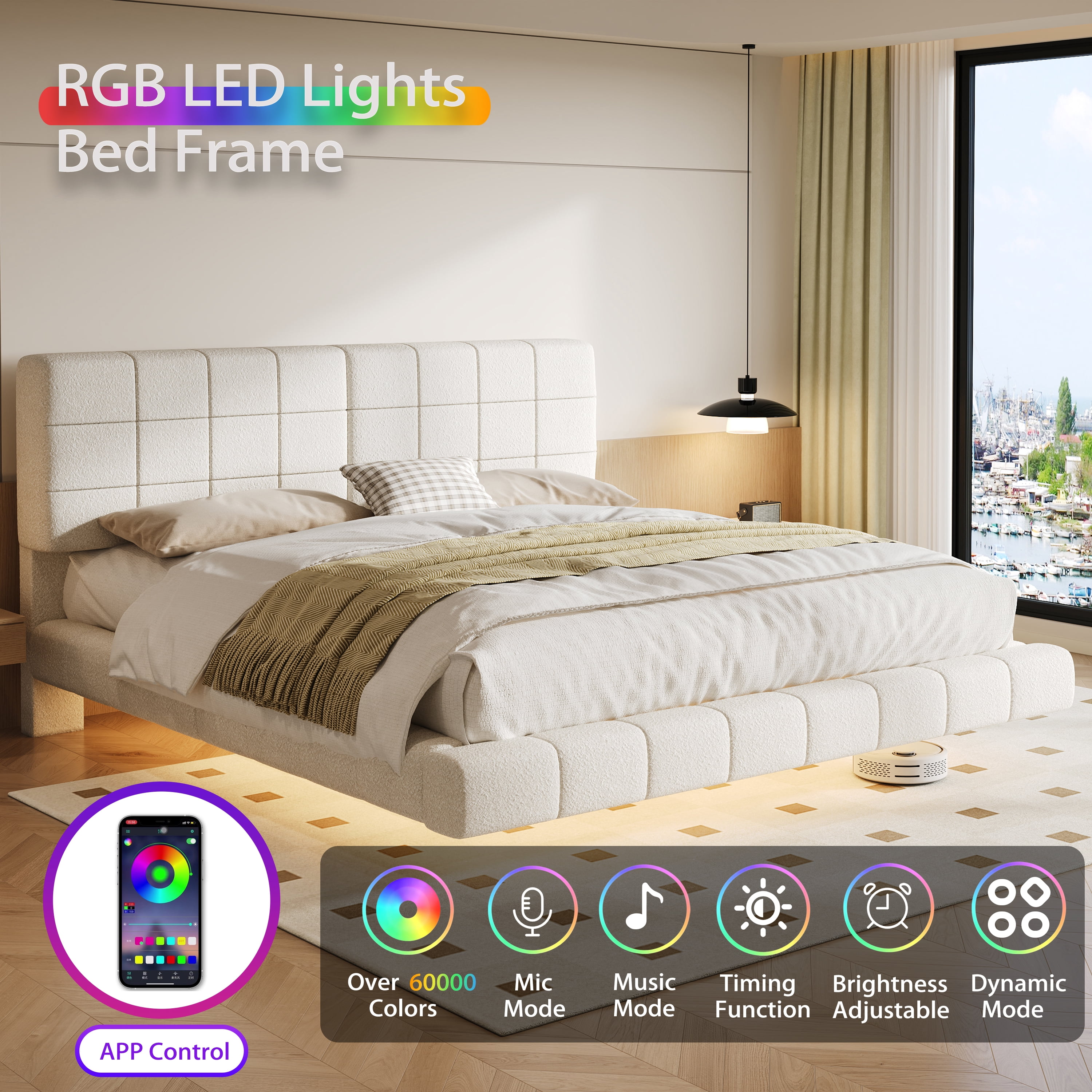 LiviNest King Size Bed Frame with RGB LED Lights & Upholstered Headboard: Modern Floating Platform Bed for Adults - APP Controlled Adjustable Lighting & Easy Clean Design for Bedroom