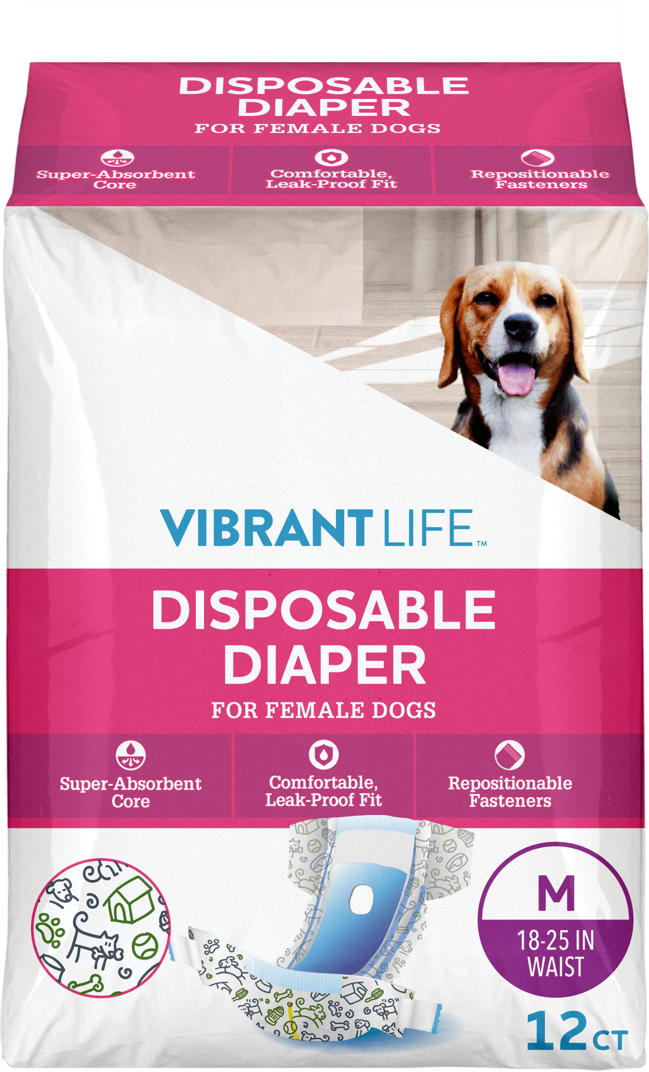 (3 pack) Vibrant Life Disposable Diapers for Female Dogs - Med