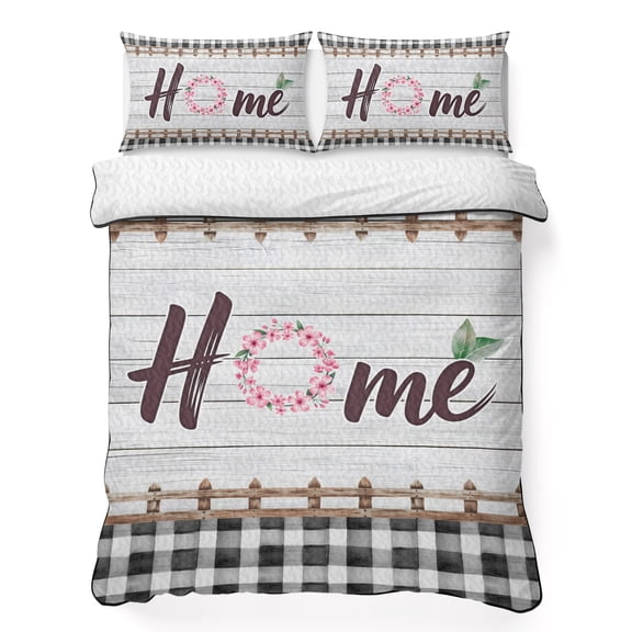Twin XL Quilt Set, Home Quote Spring Garland Lightweight Quilt Sets Summer Comforter Coverlets with 2 Pillow Shams, Retro Wooden Plank Black Palid Breathable 3 Piece Bedding Set for All Seasons