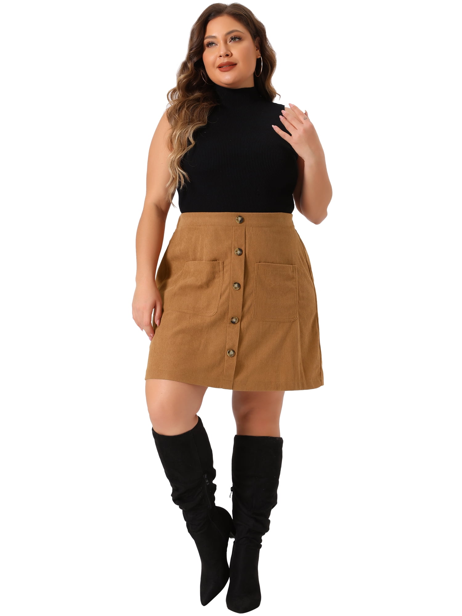 DARING DIVA Women's Plus Size with Pockets Mini Corduroy Skirt 3X Brown