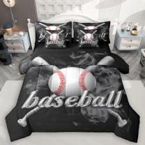 Manfei 3D Baseball Print Bedding Comforter Set 7 Pieces for Kids Boys, Sports Theme Queen Bedding Sets, Black Gray Smoke Queen Sheet Sets, Microfiber Bedroom Decor