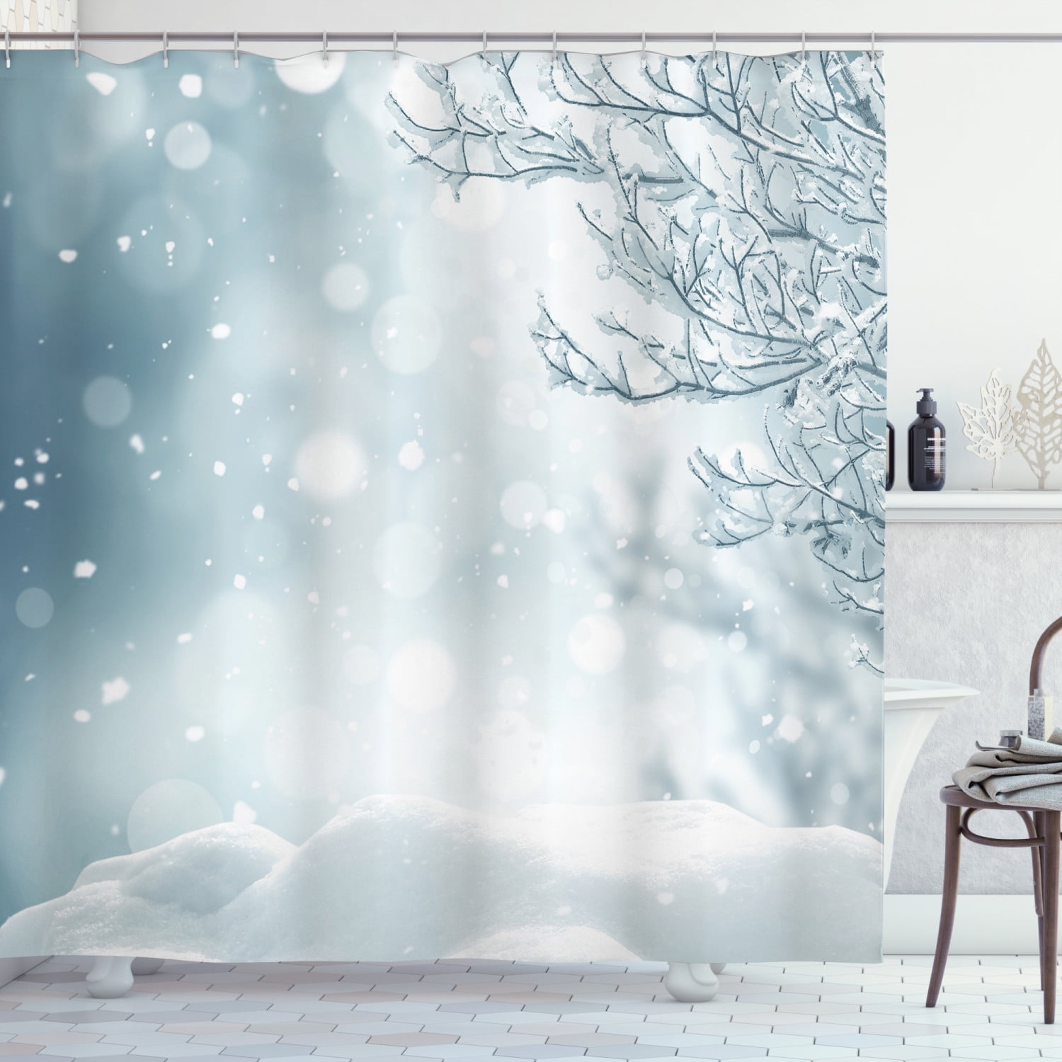 Snow Shower Curtain Fabric Christmas Winter Tree Forest Snowflake Bath Decor 