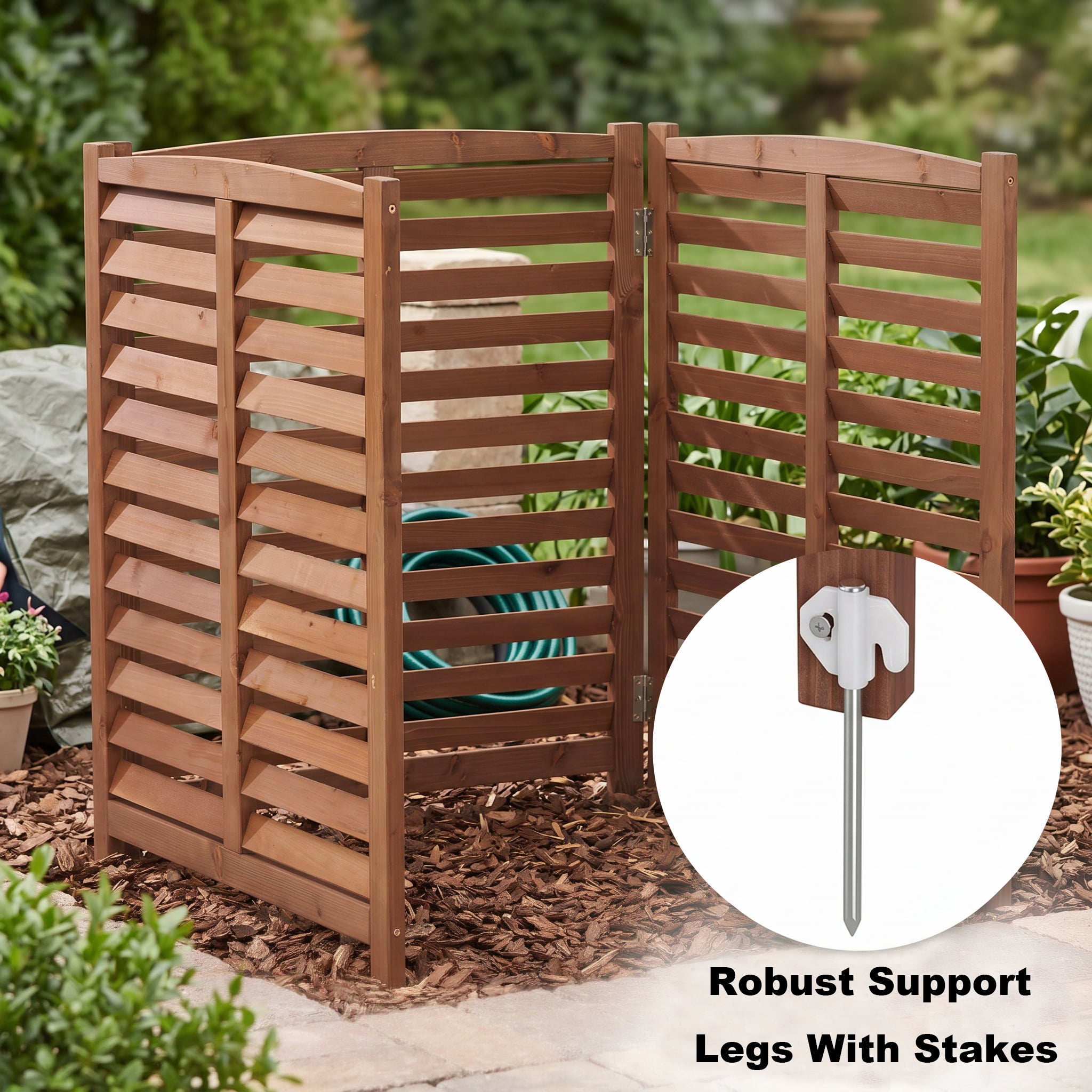 Outdoor Wood Privacy Fence 3-Panel 32W x 38H, Solid Wood Air Conditioner Screen with Slat Spacing for AC Unit Trash Can Pool Pump Enclosure, Brown