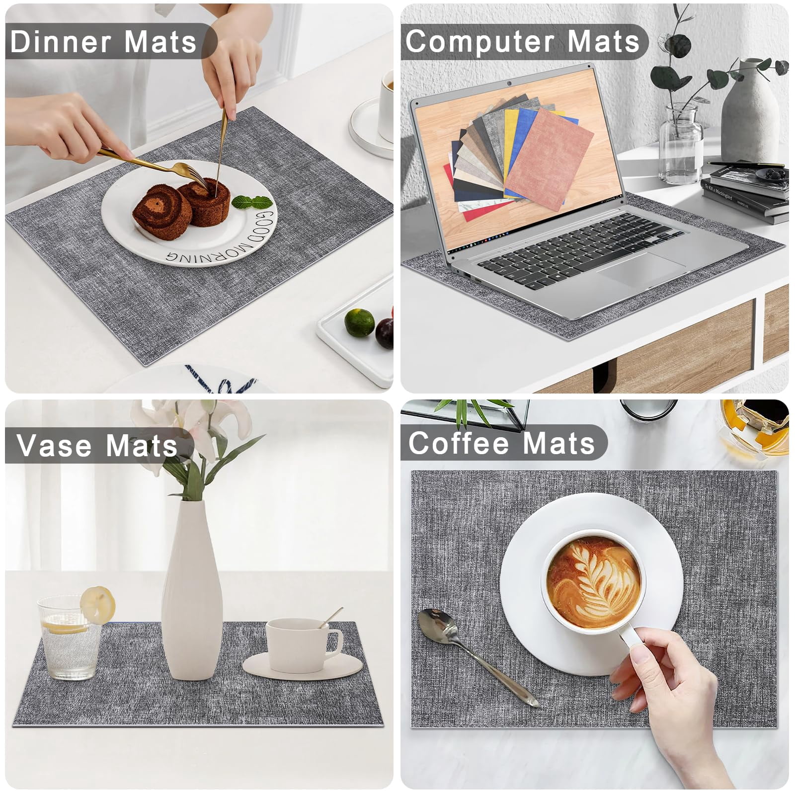 decorUhome Placemats Set of 6, Heat Resistant PU Faux Leather Table Mats, 11.8" x 17", Black & White