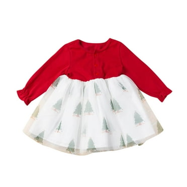 PINQI Formal Dresses for Baby Girls Long Sleeve Dresses Toddler Baby Kids Girls Christmas Trees Prints Tulle Mesh Princess Dress