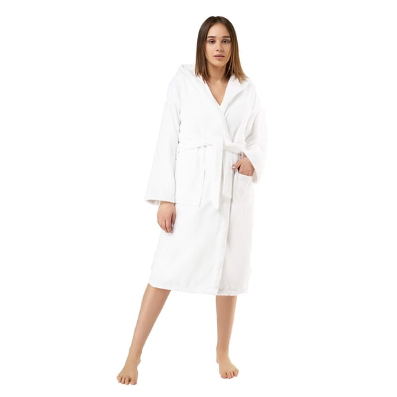 Turquaz Linen 100% Turkish Cotton White Heavy Weight Hooded Terry Bathrobe