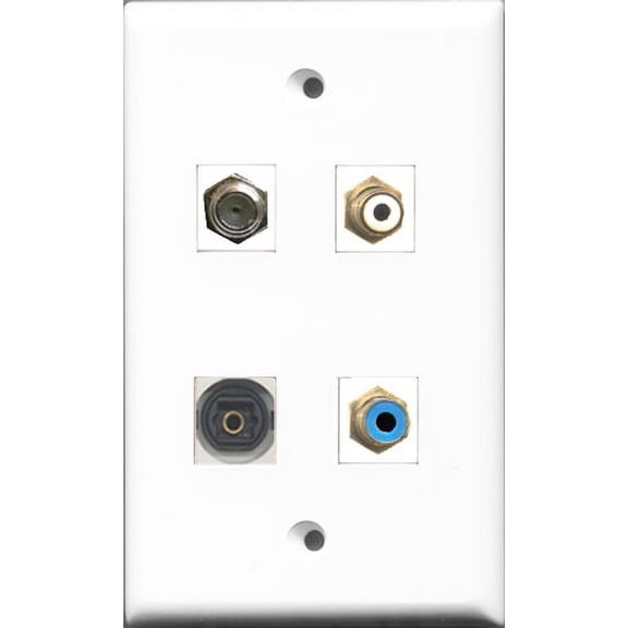 RiteAV 1 Port RCA White and 1 Port RCA Blue and 1 Port Coax Cable TV- F-Type and 1 Port Toslink Wall Plate