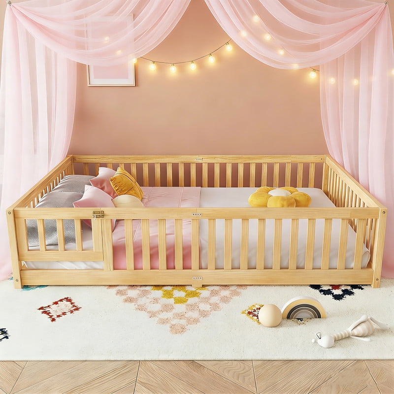 Montessori Bed with Rails, Queen Size Floor Bed with Door & Slats Support, Wood Playhouse Bed with Fence, No Box Spring Needed,Natural