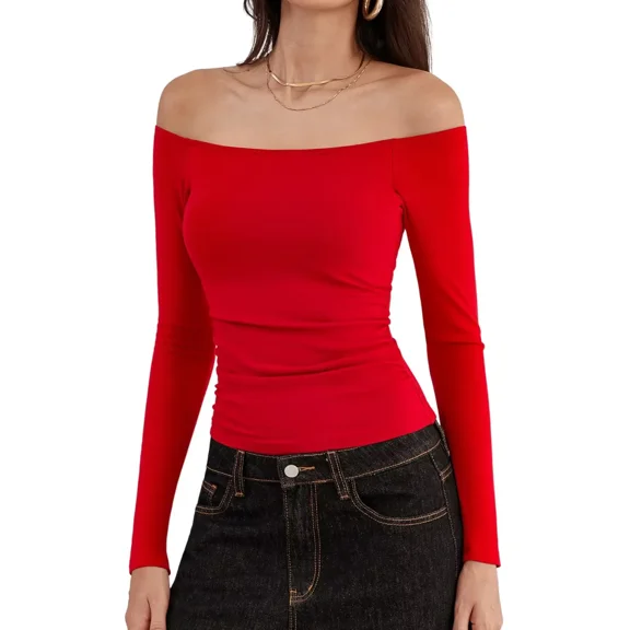 ANFERRY Women Padded Off Shoudler Tops Long Sleeve Side Ruched Basic Going Out Shirts