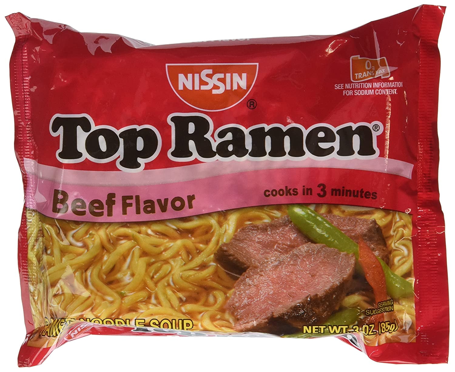 Nissin Top Ramen Beef Flavor, Ramen Noodle Soup, 3 oz. Bags (Pack of 24