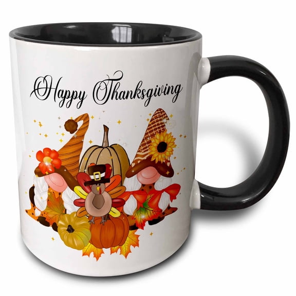 3drose, Happy Thanksgiving Fall Gnomes with Pumpkins and a Turkey, 15oz Two-tone Black Mug
