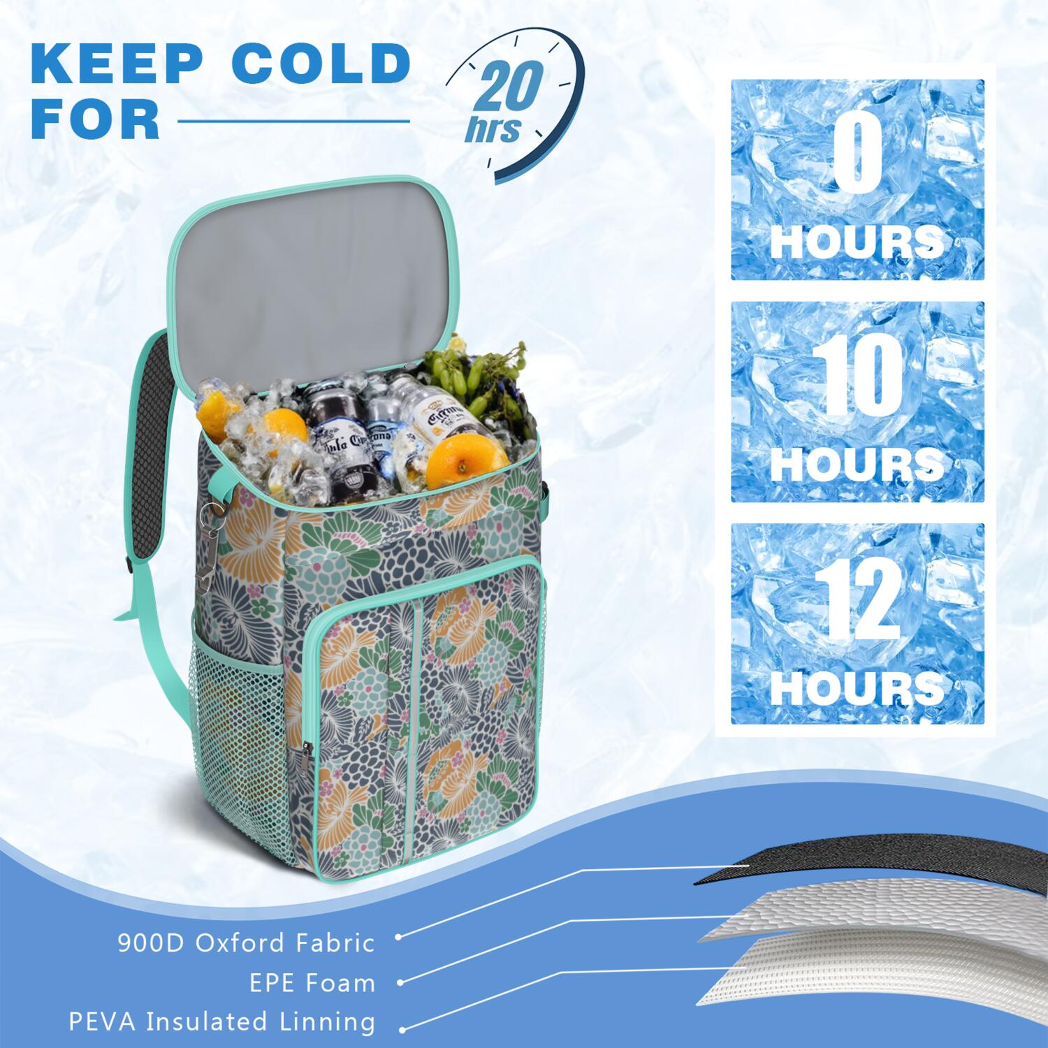 Travel Cooler Bag - Pioneer Flower Floral Print Pattern Camping Beer Cooler Backpack with Bottle Opener- Waterproof Insulated Picnic Backpacks - Cooler Bag for Beach