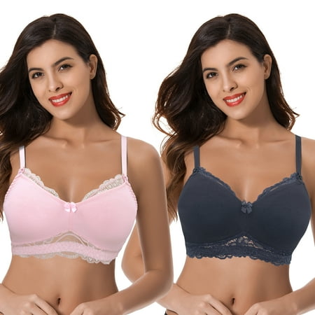 

Curve Muse Plus Size Nursing Cotton Unlined Wirefree Bra With Lace Trim-2 PK-LIGHT PINK SLATE-40C