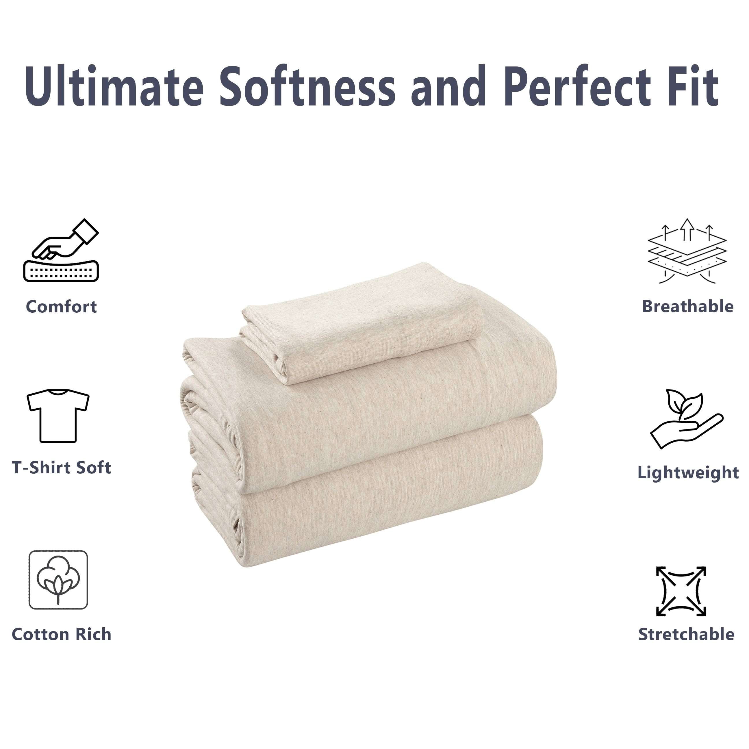 Mainstays Cotton Rich Extra Soft Jersey Bed Sheet Set, Twin-XL, Oatmeal Heather, 3 Pieces