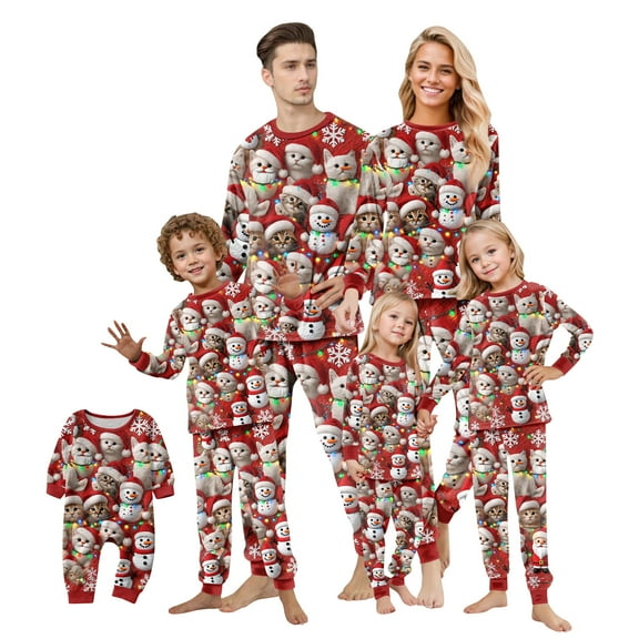 Family Christmas Pajamas Matching Sets 2025 – Red Long Sleeve Top and Pants with Santa Hat Cat and Snowman Print, Holiday Sleepwear Jammies for Couples, Men, Women, Xmas Matching Outfits